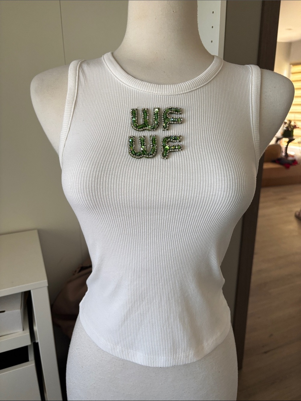 White Fox Boutique White Ribbed Tank with Green Beaded WF Accent